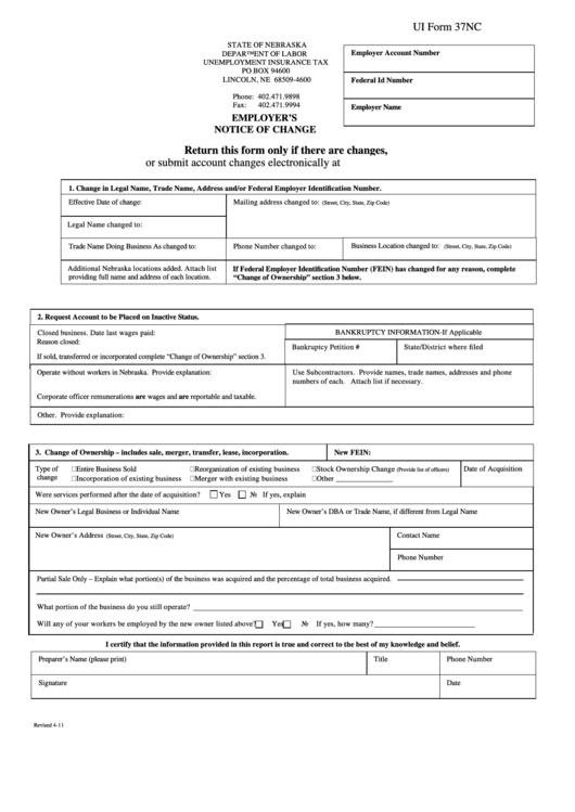 Form 37nc - Employer's Notice Of Change