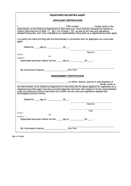 Form Obd-18 - Registered Securities Agent Applicant Certification Printable pdf