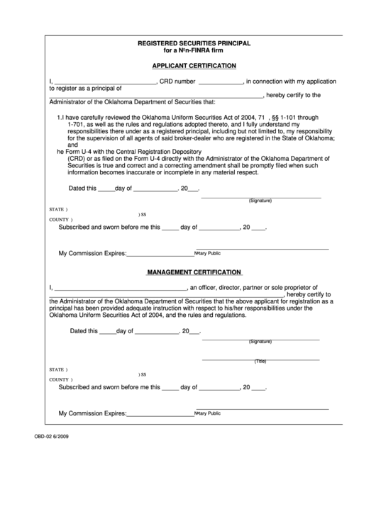 Form Obd-02 - Registered Securities Principal For A Non-Finra Firm Applicant Certification Printable pdf