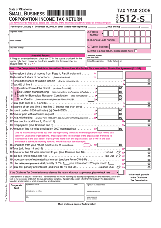Fillable Form 512-S - Small Business Corporation Income Tax Return - 2006 Printable pdf