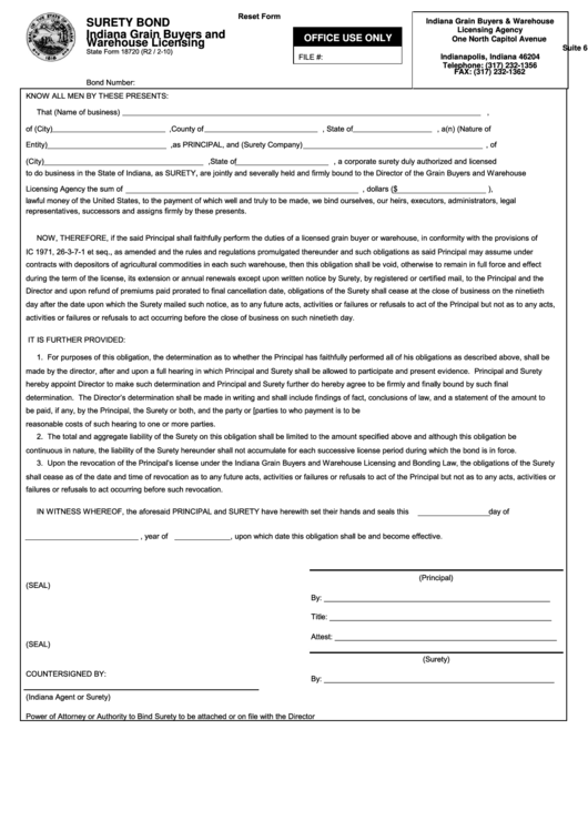 Fillable State Form 18720 - Surety Bond Indiana Grain Buyers And Warehouse Licensing Form Printable pdf