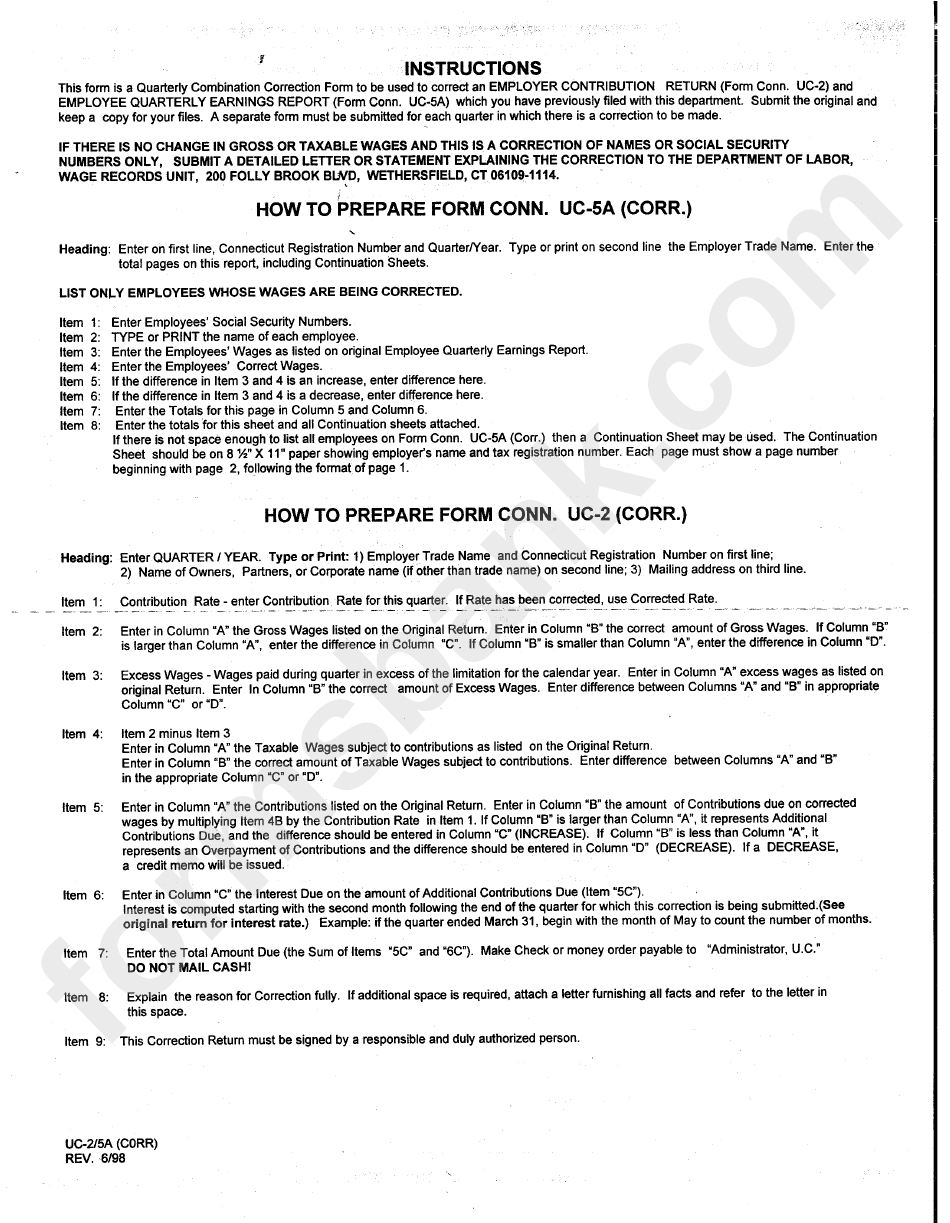 Form Uc-2/5a - Quarterly Combination Correction Form