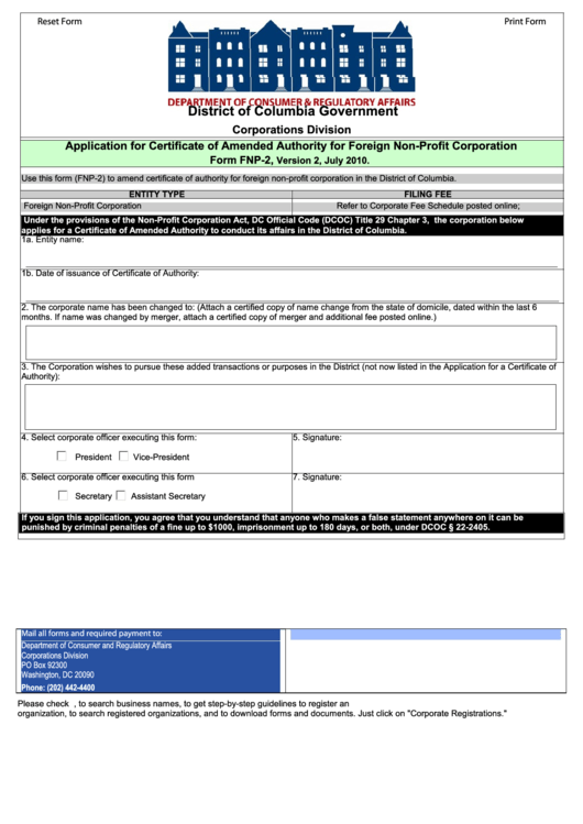 Fillable Form Fnp-2 - Application For Certificate Of Amended Authority For Foreign Non-Profit Corporation - 2010 Printable pdf
