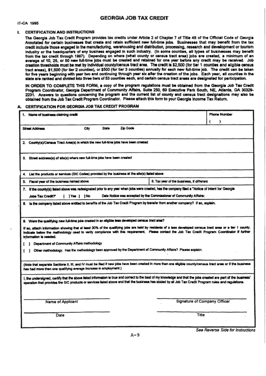 Fillable Form It-Ca-1995 - Georgia Job Tax Credit Printable pdf
