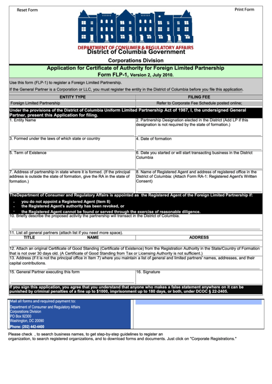Fillable Form Flp-1 - Application For Certificate Of Authority For Foreign Limited Partnership, Form Ra-1 - Registered Agent Written Consent - 2010 Printable pdf