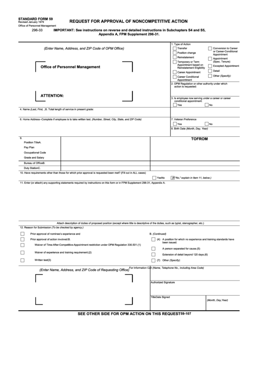 Fillable Standard Form 59 - Request For Approval Of Noncompetitive Action - Office Of Personnel Management Printable pdf
