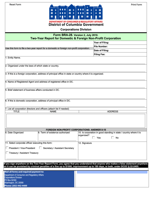 Fillable Form Bra-28 - Two-Year Report For Domestic & Foreign Non-Profit Corporation Printable pdf