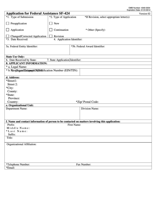 Fillable Application For Federal Assistance Sf-424 Form - 2012 Printable pdf