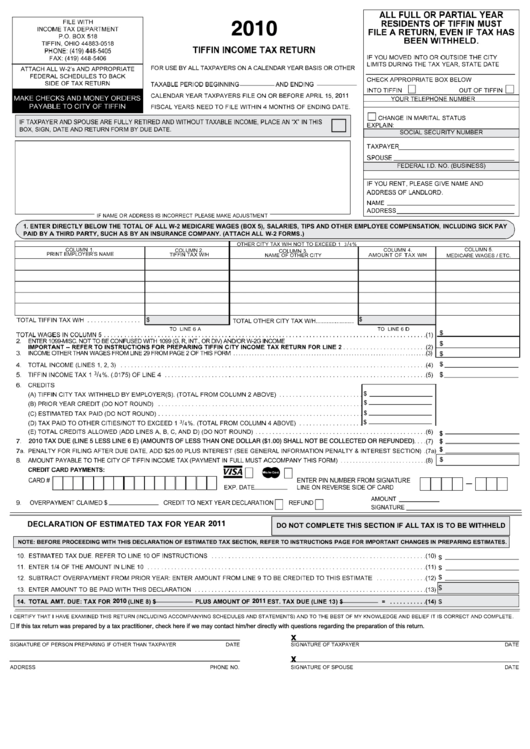 Tiffin Income Tax Return Form 2010 Printable pdf