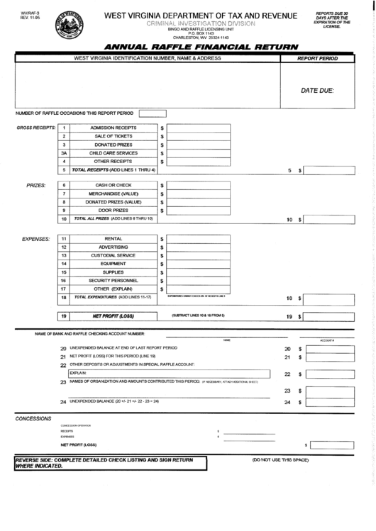 Fillable Form Wv/raf-3 - Annual Raffle Financial Return Printable pdf