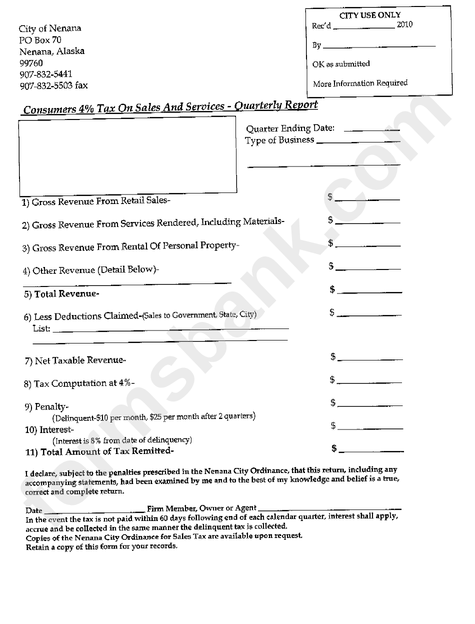 Consumers 4% Tax On Sales And Services - Quarterly Report Form - City Of Nenana