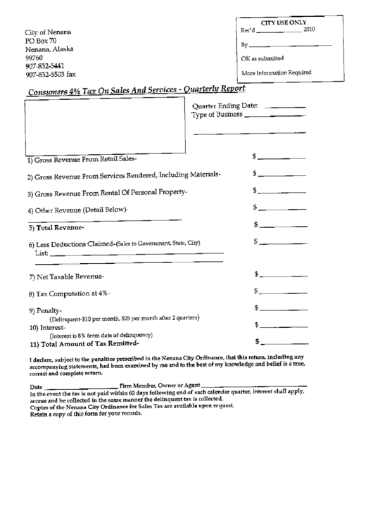 Consumers 4% Tax On Sales And Services - Quarterly Report Form - City Of Nenana Printable pdf
