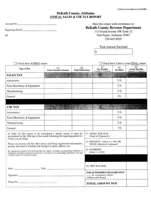 Annual Sales / Use Tax Report Form - Dekalb County Printable pdf