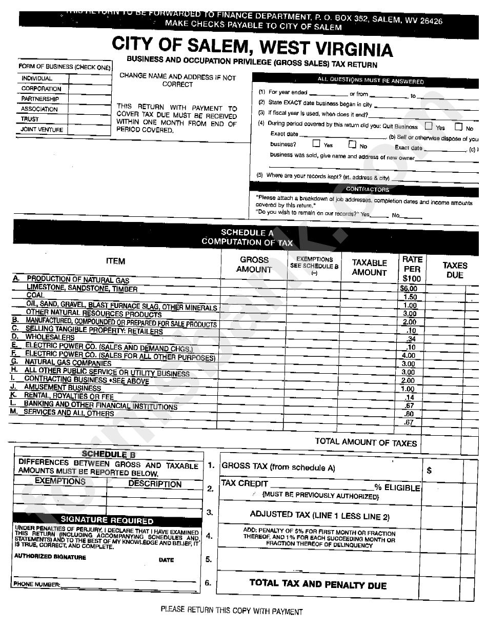 Business And Occupation Privilege (Gross Sales) Tax Return Form - City Of Salem