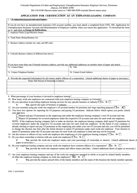 Form Uitl-71 - Application For Certification As An Employee-Leasing Company - 2010 Printable pdf
