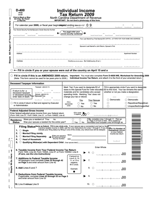 Form D-400 - Individual Income Tax Return - 2009 Printable pdf