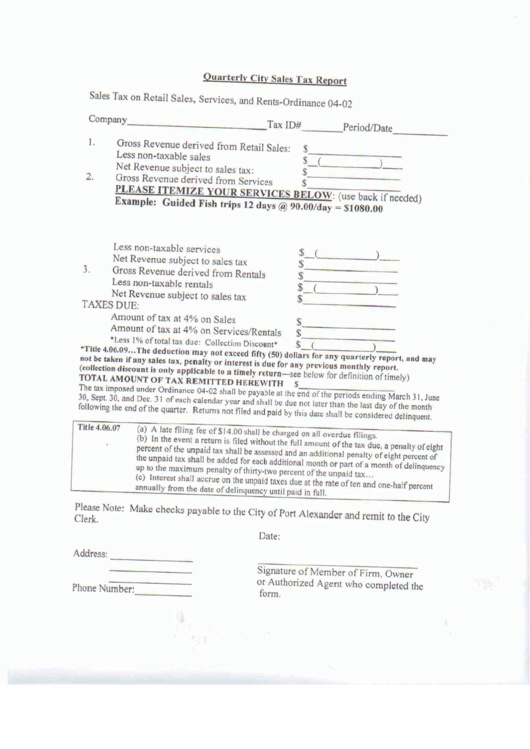 Quarterly City Sales Tax Report Form - City Of Port Alexander Printable pdf