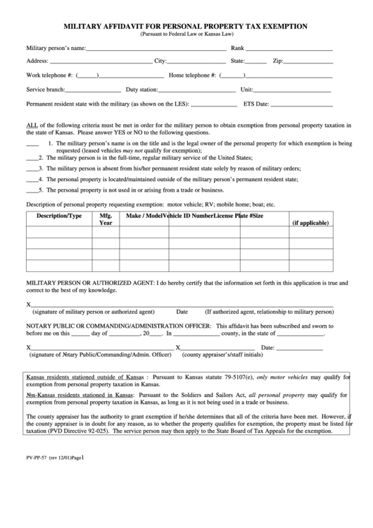 Form Pv-Pp-57 - Military Affidavit For Personal Property Tax Exemption Printable pdf