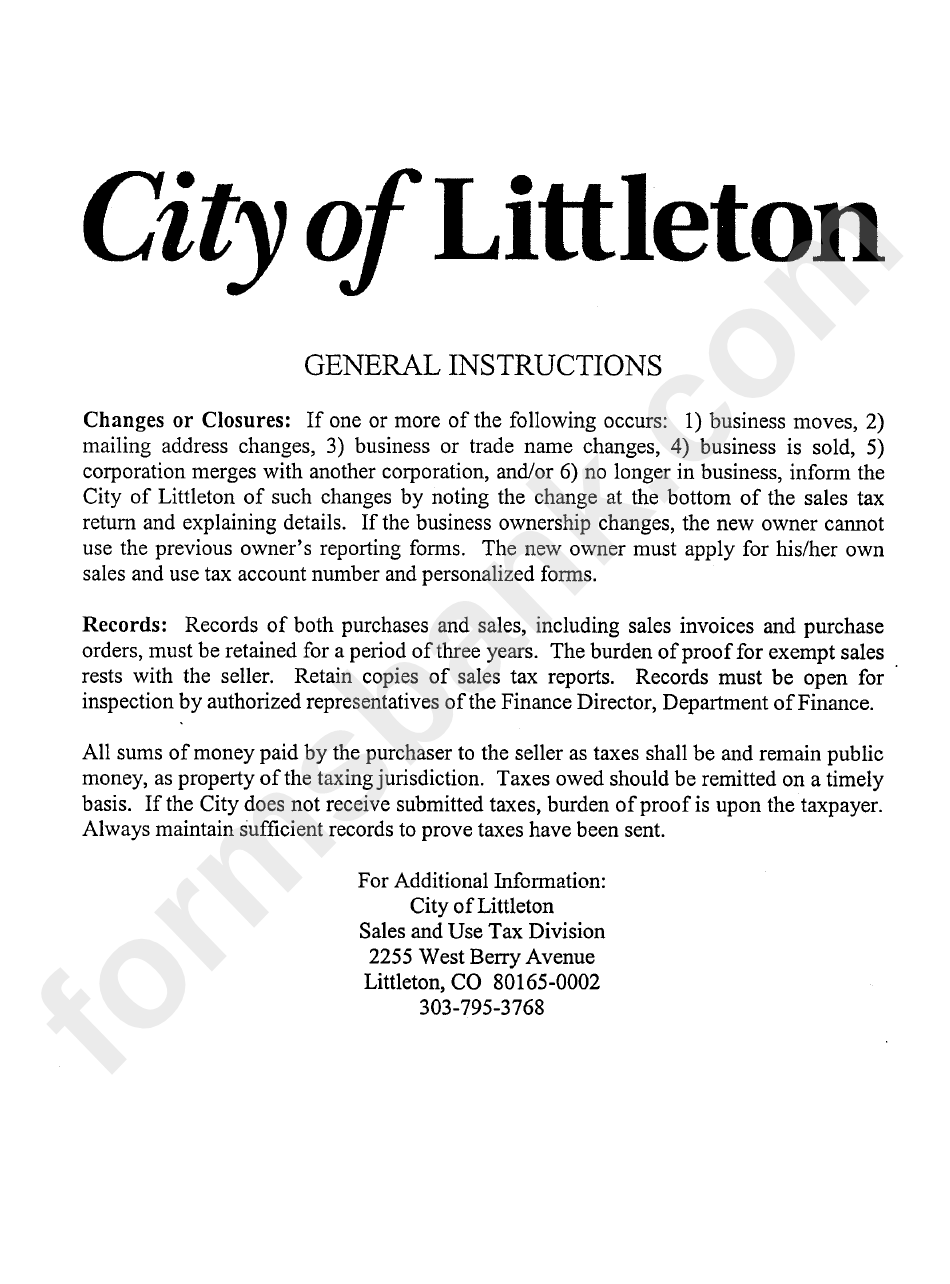 Instructions For Sales Tax Return - City Of Littleton