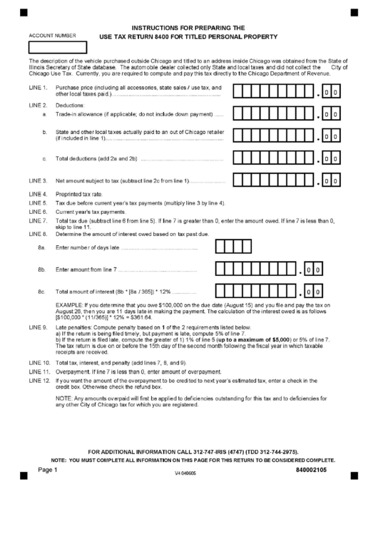 Instructions For Preparing The Use Tax Return 8400 For Titled Personal Property Printable pdf