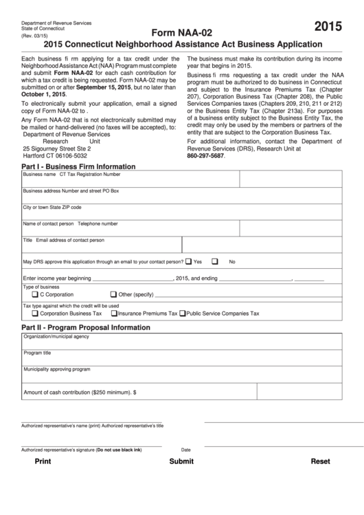 Fillable Form Naa-02 - Connecticut Neighborhood Assistance Act Business Application - 2015 Printable pdf