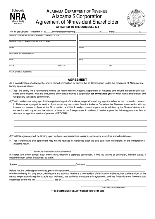 Schedule Nra - Alabama S Corporation Agreement Of Nonresident Shareholder - 2000 Printable pdf