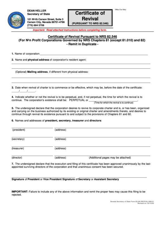 State Form 82546 Certificate Of Revival Pursuant To Nrs 82546 Printable Pdf Download 7849