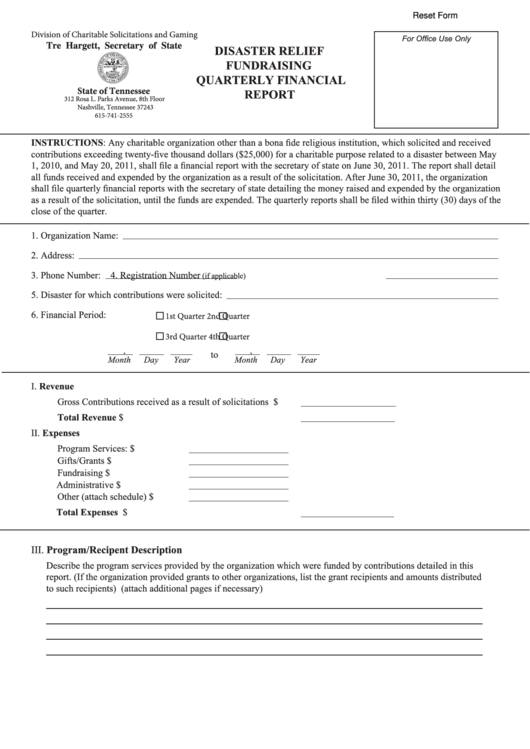 Fillable Form Ss-6082 - Disaster Relief Fundraising Quarterly Financial Report Printable pdf