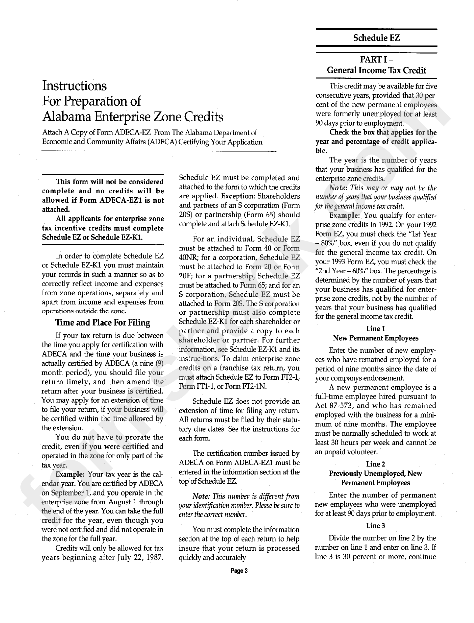 Instructions For Preparation Of Alabama Enterprize Zone Credits