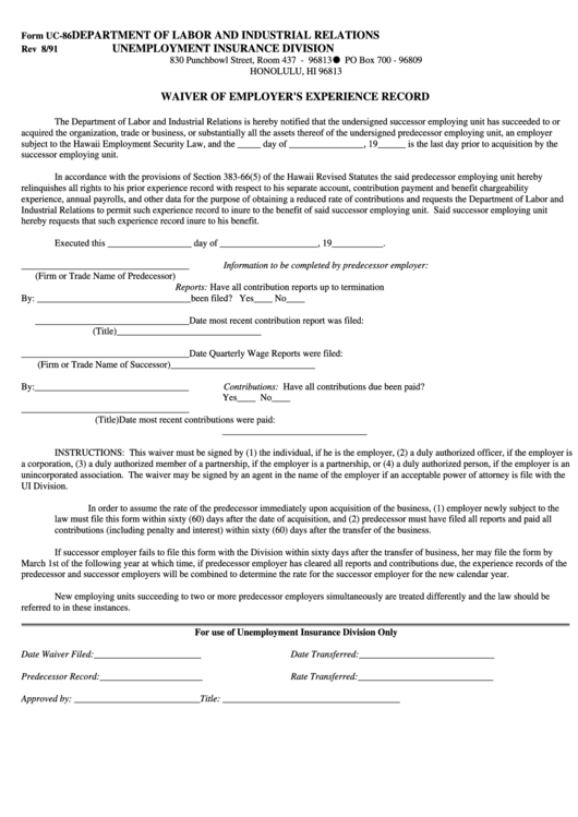 Form Uc-86 - Waiver Of Employer