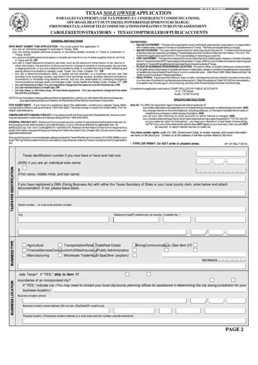 Fillable Form Ap-157 - Texas Sole Owner Application - 2005 Printable pdf