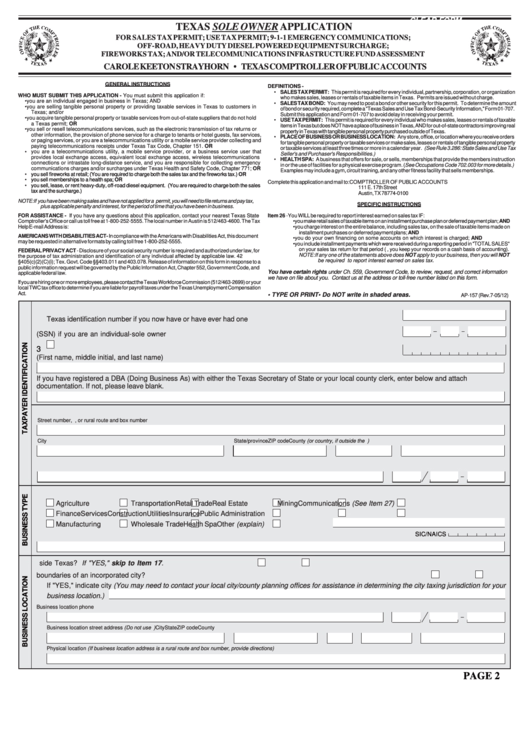Fillable Form Ap-157 - Texas Sole Owner Application - 2005 printable ...