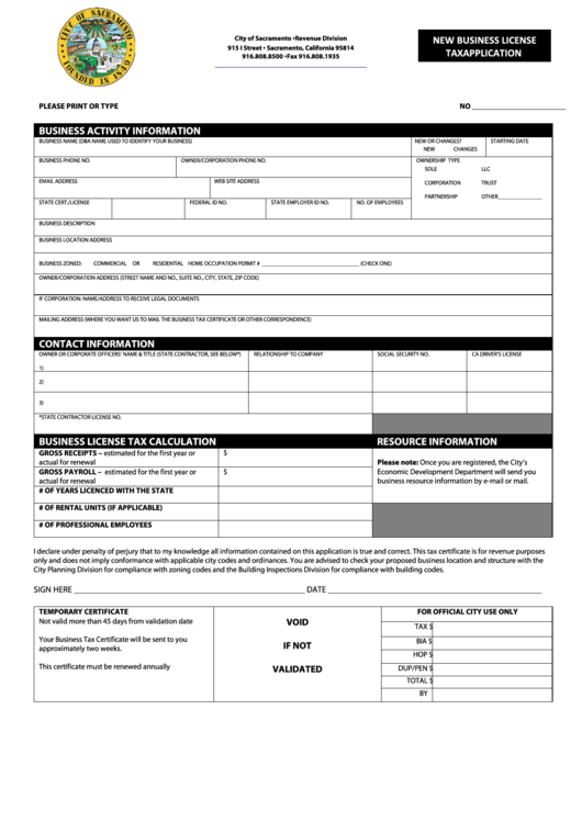 Fillable New Business License Tax Application Form - City Of Sacramento Printable pdf