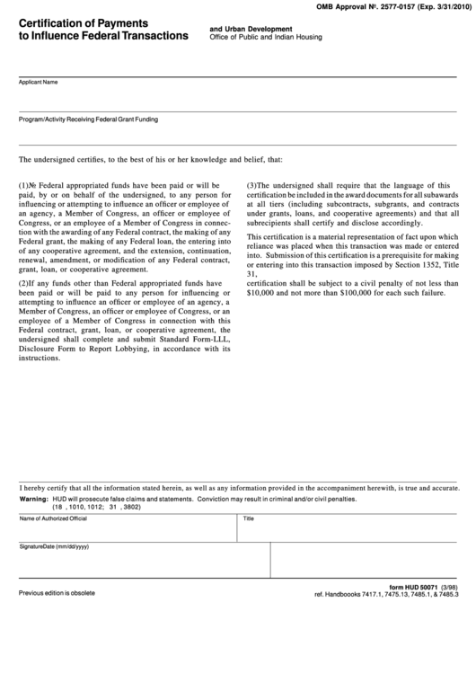 Fillable Form Hud 50071 - Certification Of Payments To Influence Federal Transactions - Office Of Public And Indian Housing - U.s. Department Of Housing And Urban Development Printable pdf