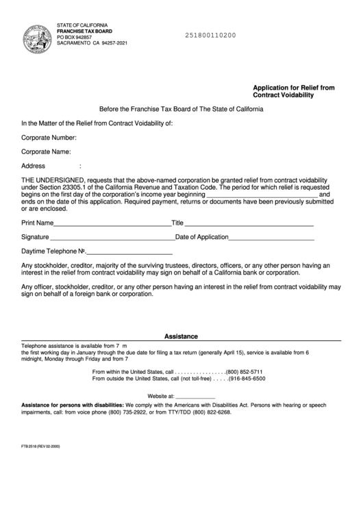 Application For Relief From Contract Voidability Form - 2000 Printable pdf