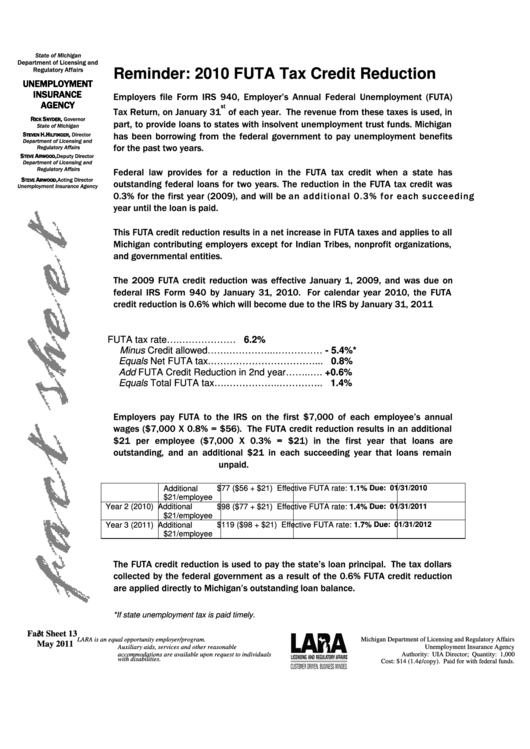Instruction For Futa Tax Credit Reduction Printable pdf