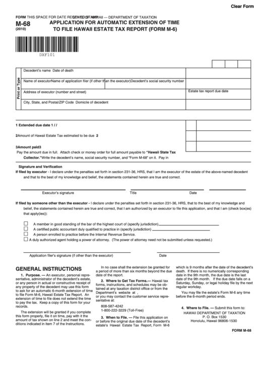 Fillable Form M-68 - Application For Automatic Extension Of Time To File Hawaii Estate Tax Report Printable pdf