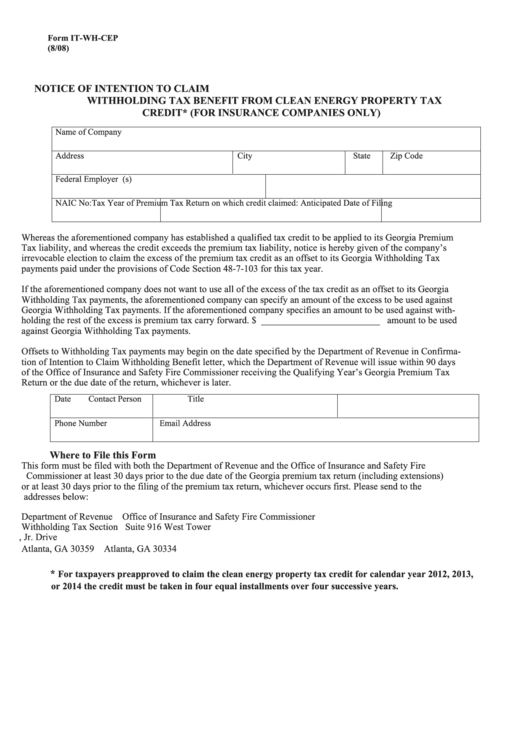 Fillable Form It-Wh-Cep - Notice Of Intention To Claim Withholding Tax Benefit From Clean Energy Property Tax Credit - For Insurance Companies Only - 2008 Printable pdf