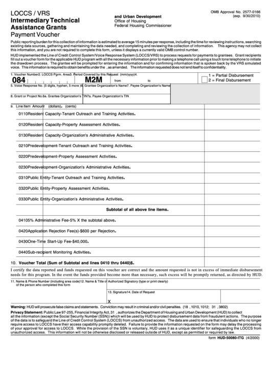 Fillable Form Hud-50080-Itg - Payment Voucher - Intermediary Technical Assistance Grants - Office Of Housing Federal Housing Commissioner - U.s. Department Of Housing And Urban Development - 2010 Printable pdf