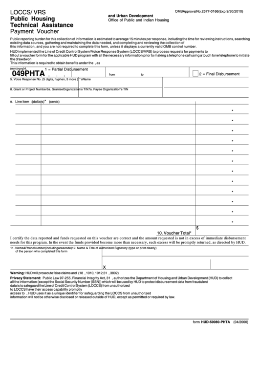 Fillable Form Hud-50080-Phta - Public Housing Technical Assistance Payment Voucher Printable pdf