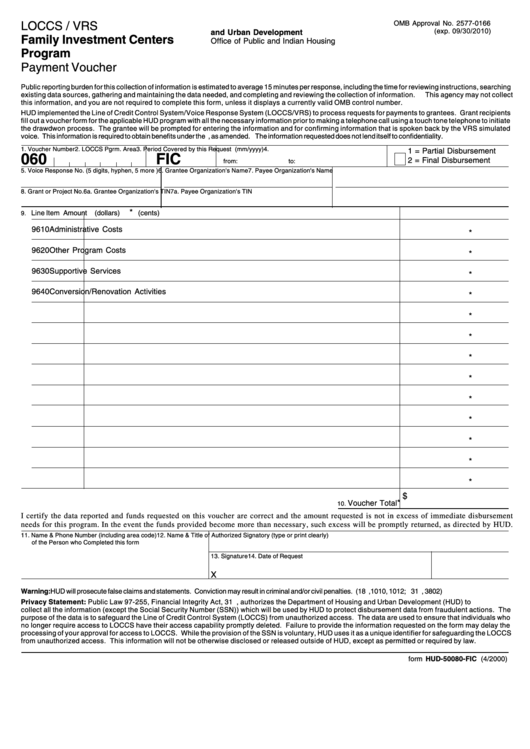 Fillable Form Hud-50080-Fic - Family Investment Centers Program Payment Voucher - 2010 Printable pdf