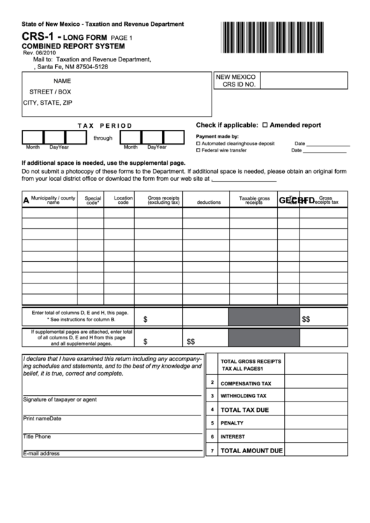 Form Crs-1 - Long Form Combined Report System - 2010 Printable pdf