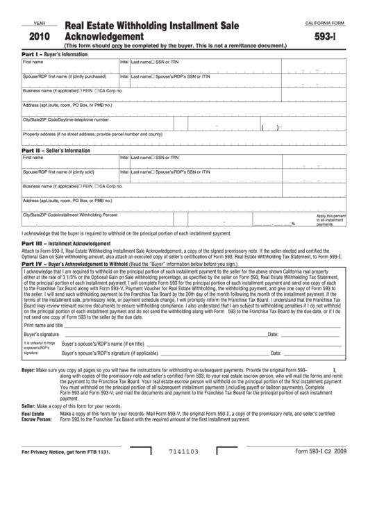 Fillable California Form 593-I - Real Estate Withholding Installment Sale Acknowledgement - 2010 Printable pdf
