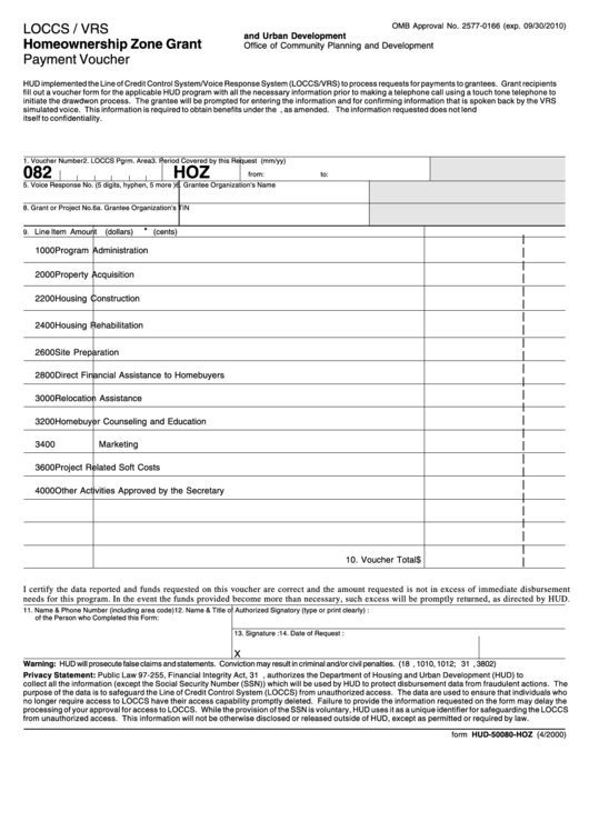 Fillable Form Hud-50080-Hoz - Homeownership Zone Grant Payment Voucher - 2010 Printable pdf