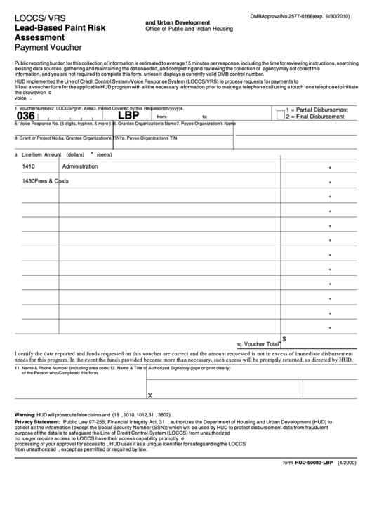 Fillable Form Hud-50080-Lbp - Lead-Based Paint Risk Assessment Payment Voucher Printable pdf