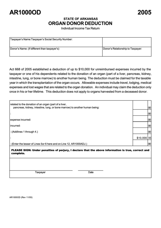 Form Ar1000od - Organ Donor Deduction Individual Income Tax Return - 2005 Printable pdf