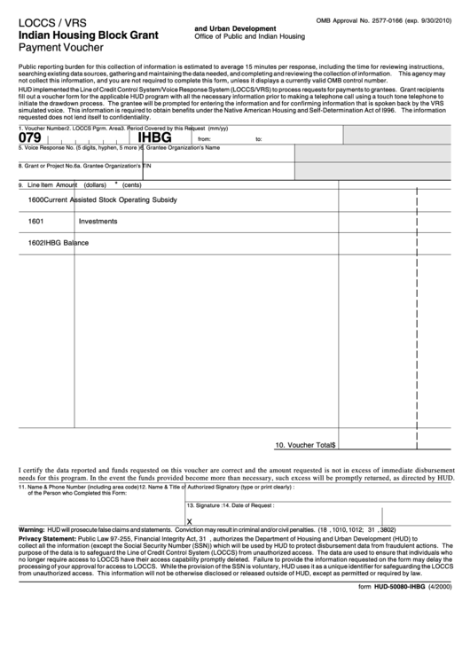 Fillable Form Hud-50080-Ihbg - Payment Voucher - Indian Housing Block Grant - Office Of Public And Indian Housing - U.s. Department Of Housing And Urban Development Printable pdf