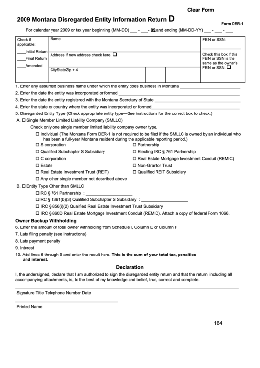 Fillable Form Der-1 - 2009 Montana Disregarded Entity Information Return Printable pdf