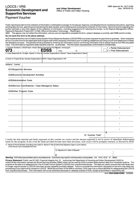 Fillable Form Hud-50080-Edss - Economic Development And Supportive Services Payment Voucher - 2000 Printable pdf