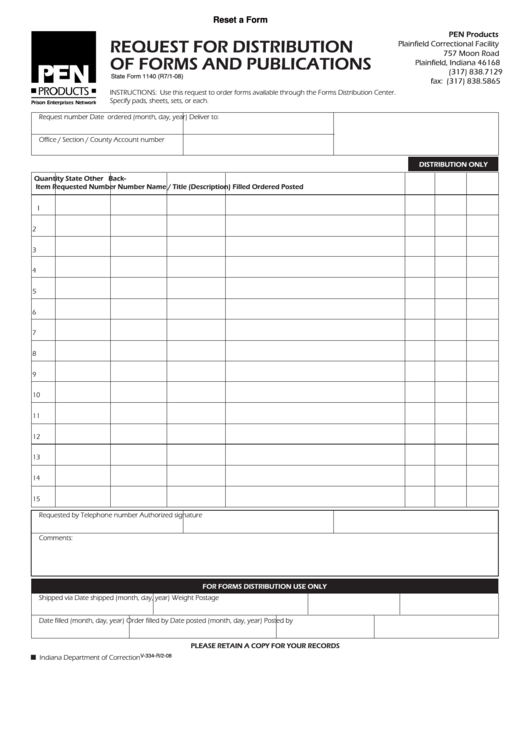 Fillable Form 1140 - Request For Distribution Of Forms And Publications Printable pdf